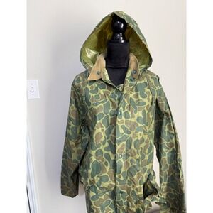 Vtg Camo Raincoat Hooded Jacket XL Duck Hunting Fishing Outerwear Snap hood*